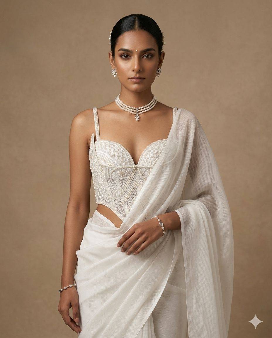 Pearl White Embroidered Corset Blouse - View 1