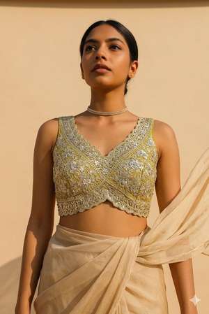Gold Yellow Embroidered Silk Blend Blouse with Scalloped Neck
